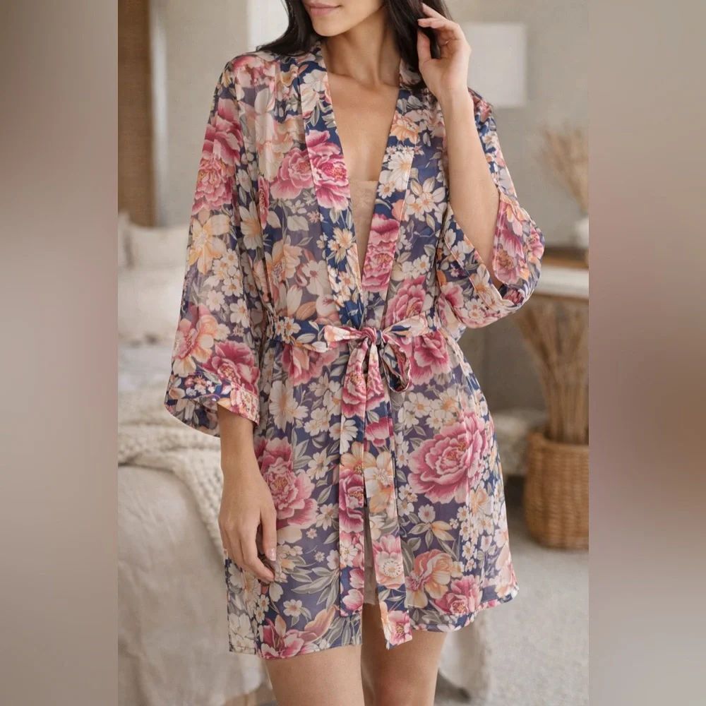 Victorias Secret Women Robe M Floral Sheer Kimono Lounge Home Wear Boho
